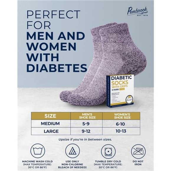 6 Pairs Diabetic Ankle Socks for Men & Women with Grips-12Colors Neuropathy Sock - Picture 6 of 7